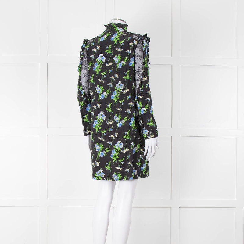 Sandro Black Green Blue Floral Lace Sleeves Mini Tunic
