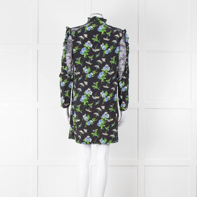 Sandro Black Green Blue Floral Lace Sleeves Mini Tunic