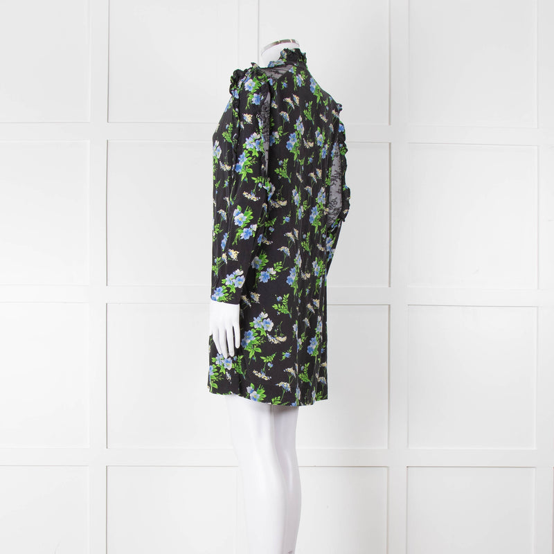 Sandro Black Green Blue Floral Lace Sleeves Mini Tunic