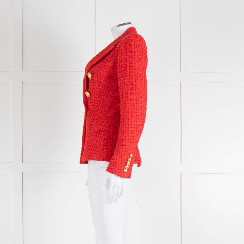 Balmain Red Tweed Blazer with Gold Buttons