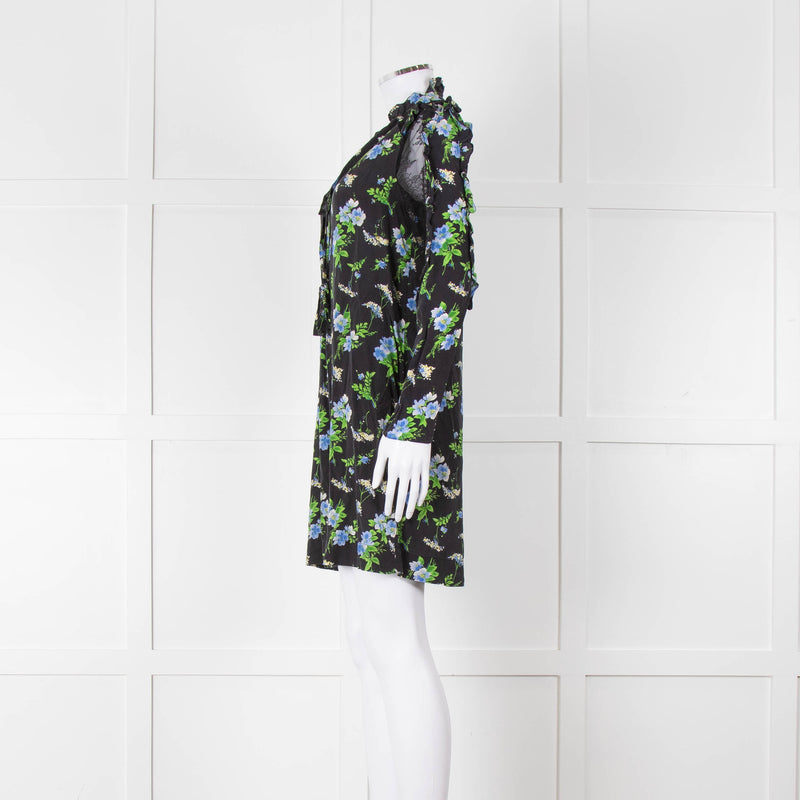 Sandro Black Green Blue Floral Lace Sleeves Mini Tunic