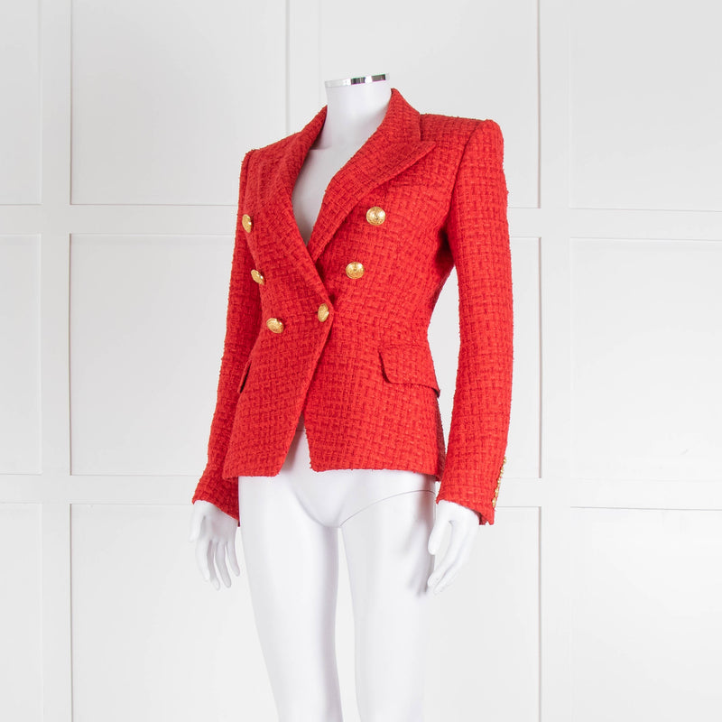 Balmain Red Tweed Blazer with Gold Buttons