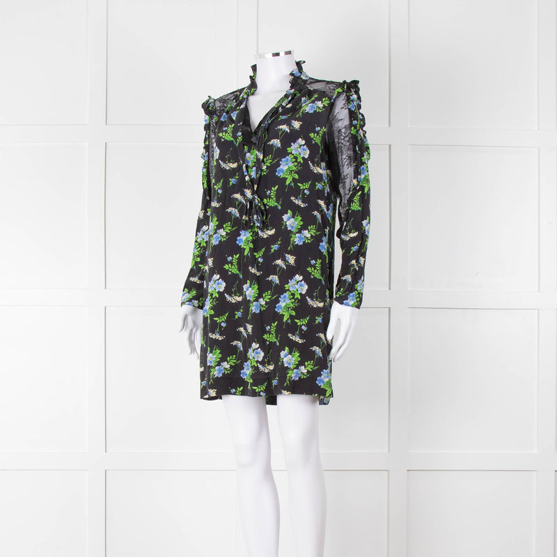 Sandro Black Green Blue Floral Lace Sleeves Mini Tunic