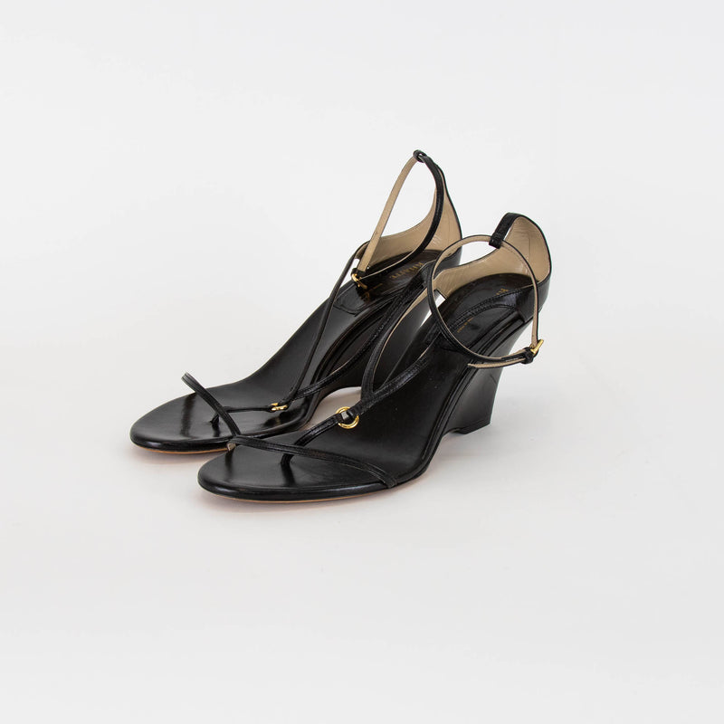 Khaite Black Leather Ankle Strap Wedge Sandals