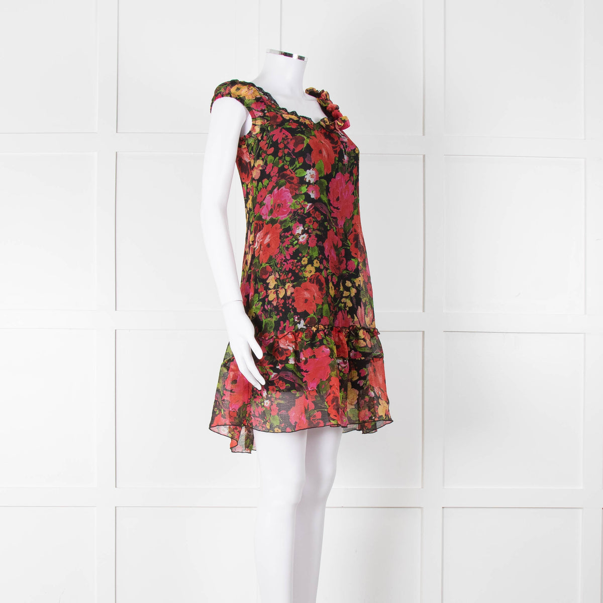 Sandro Ferrone Black Pink floral Short Sleeve Mini Dress