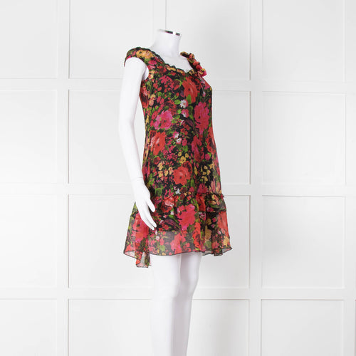 Sandro Ferrone Black Pink floral Short Sleeve Mini Dress