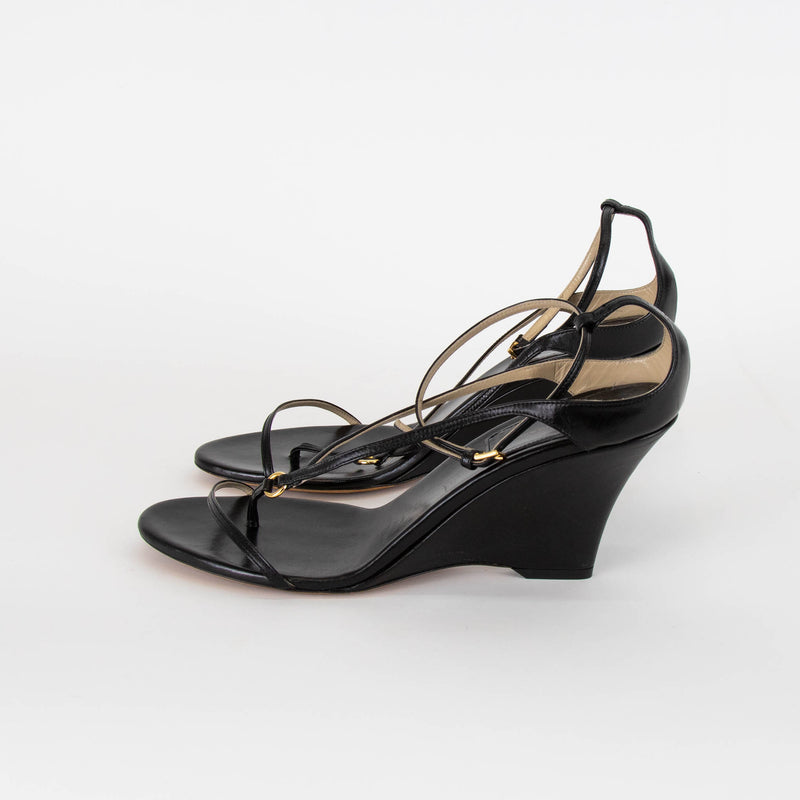 Khaite Black Leather Ankle Strap Wedge Sandals