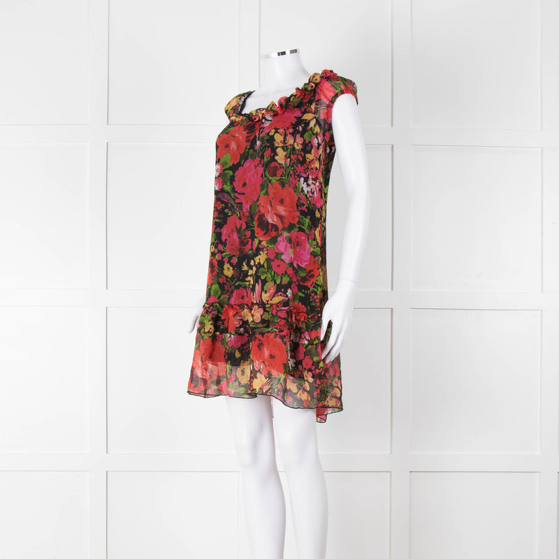 Sandro Ferrone Black Pink floral Short Sleeve Mini Dress