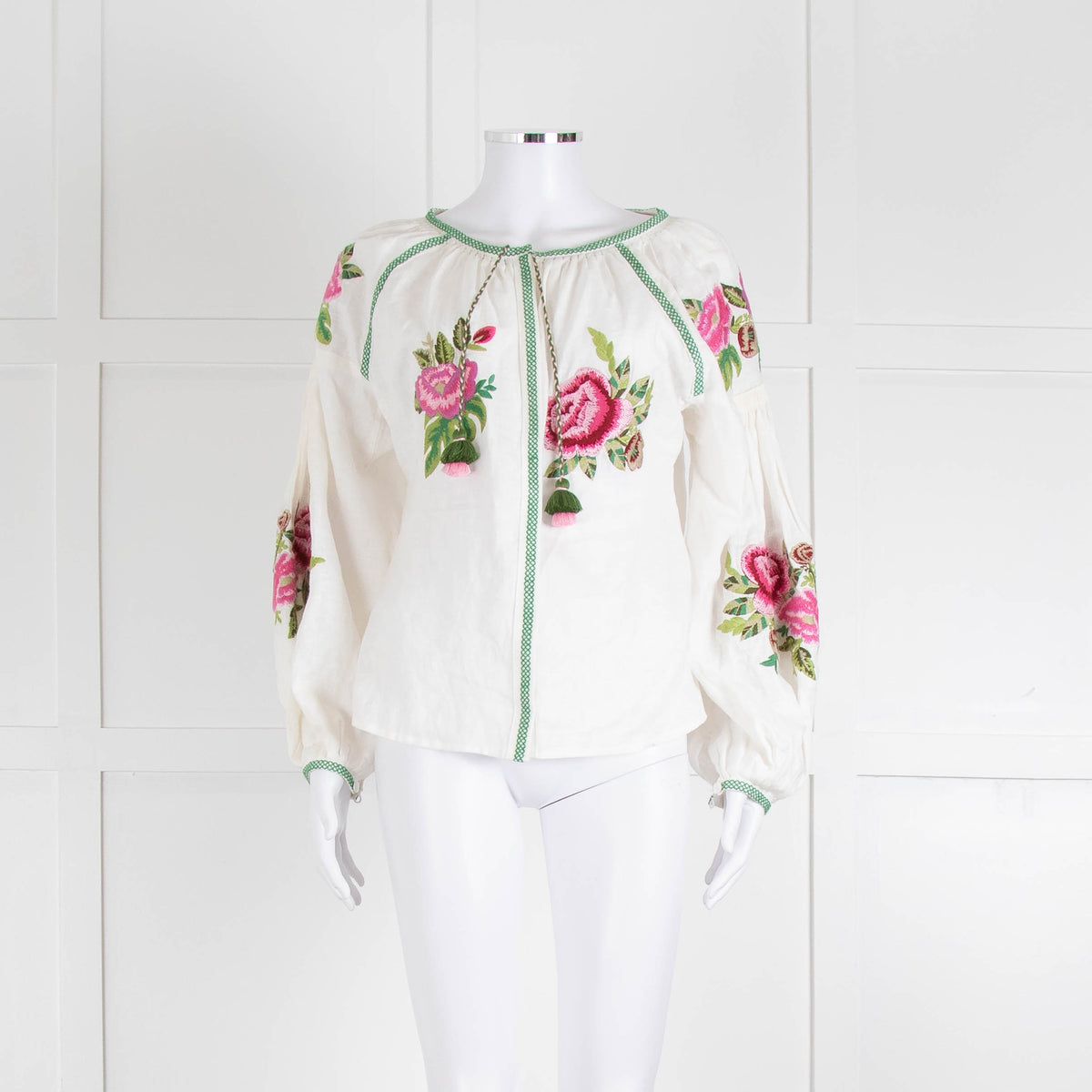 Soto Saint Tropez Linen Peasant Blouse with Embroidered Flowers