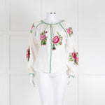 Soto Saint Tropez Linen Peasant Blouse with Embroidered Flowers