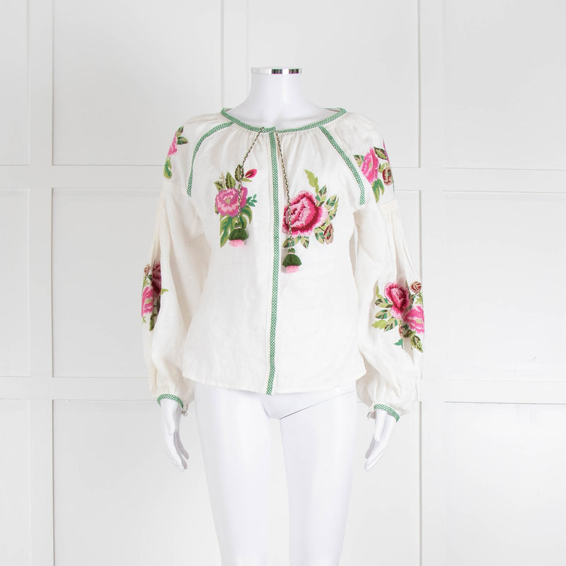 Soto Saint Tropez Linen Peasant Blouse with Embroidered Flowers