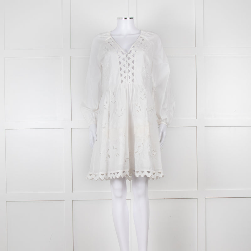 Claudie Pierlot White Lace Broderie Long Sleeve Mini Dress