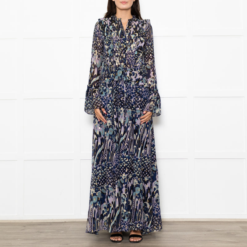 Zadig & Voltaire Blue Black Cream Gold Lurex Floral Print Maxi Dress