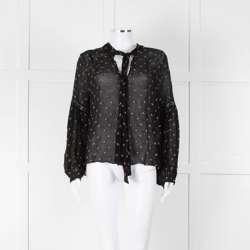 Ulla Johnson Black Small Pink Khaki Flower Print Tie Neck Blouse