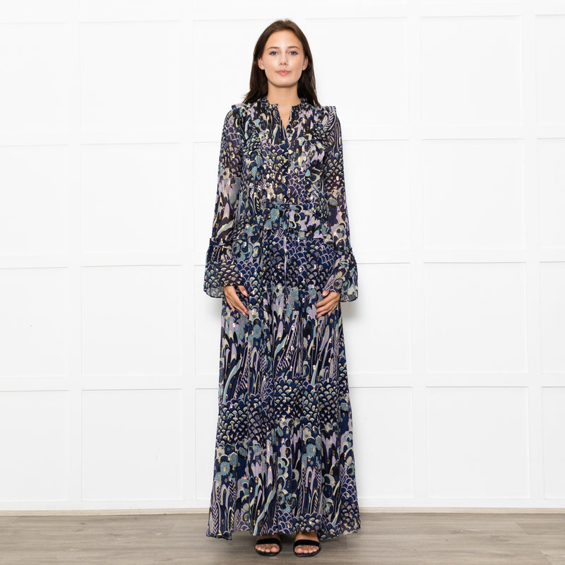 Zadig & Voltaire Blue Black Cream Gold Lurex Floral Print Maxi Dress