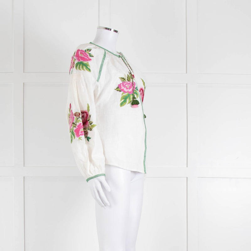 Soto Saint Tropez Linen Peasant Blouse with Embroidered Flowers