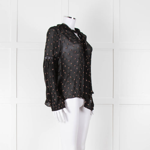 Ulla Johnson Black Small Pink Khaki Flower Print Tie Neck Blouse