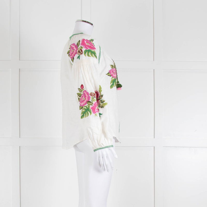 Soto Saint Tropez Linen Peasant Blouse with Embroidered Flowers