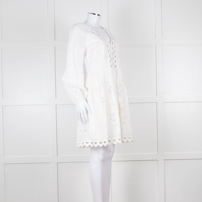 Claudie Pierlot White Lace Broderie Long Sleeve Mini Dress