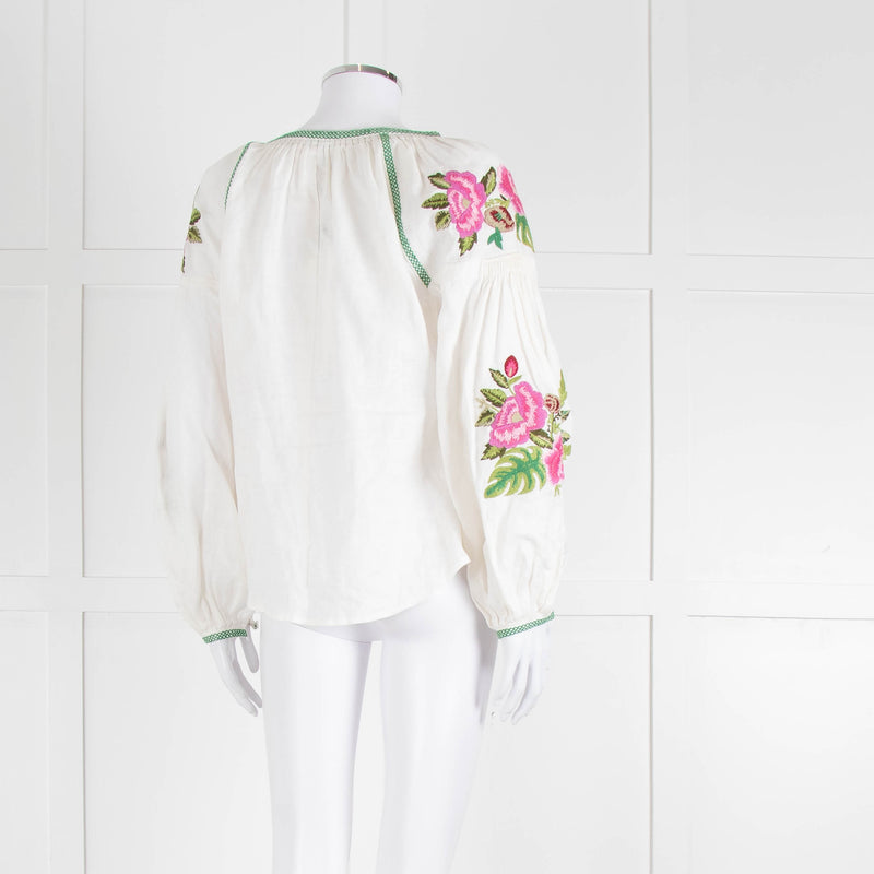 Soto Saint Tropez Linen Peasant Blouse with Embroidered Flowers