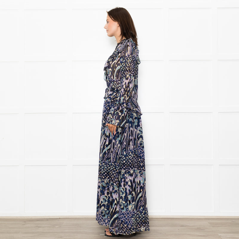 Zadig & Voltaire Blue Black Cream Gold Lurex Floral Print Maxi Dress