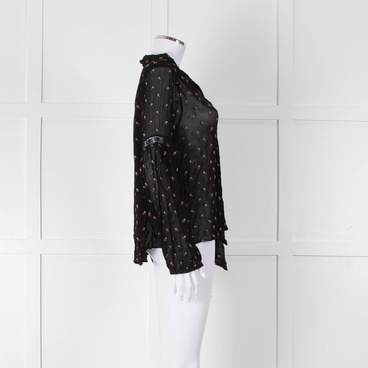 Ulla Johnson Black Small Pink Khaki Flower Print Tie Neck Blouse