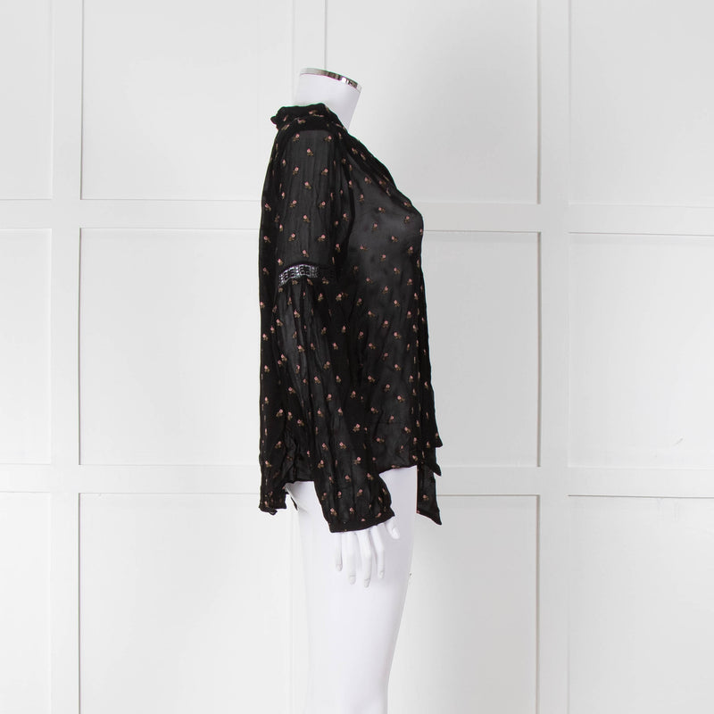 Ulla Johnson Black Small Pink Khaki Flower Print Tie Neck Blouse