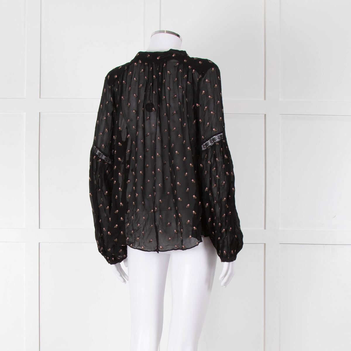 Ulla Johnson Black Small Pink Khaki Flower Print Tie Neck Blouse