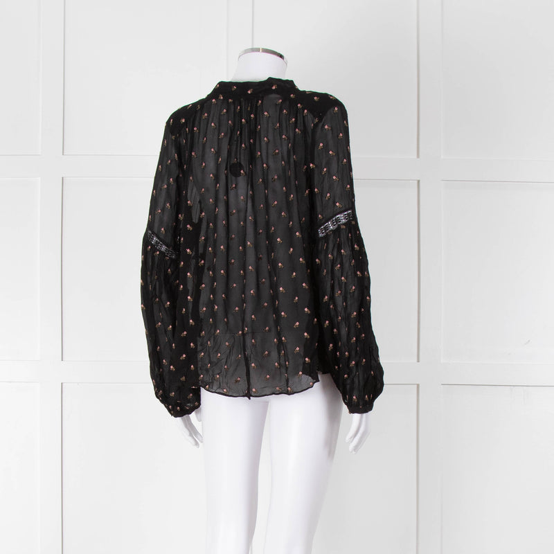 Ulla Johnson Black Small Pink Khaki Flower Print Tie Neck Blouse