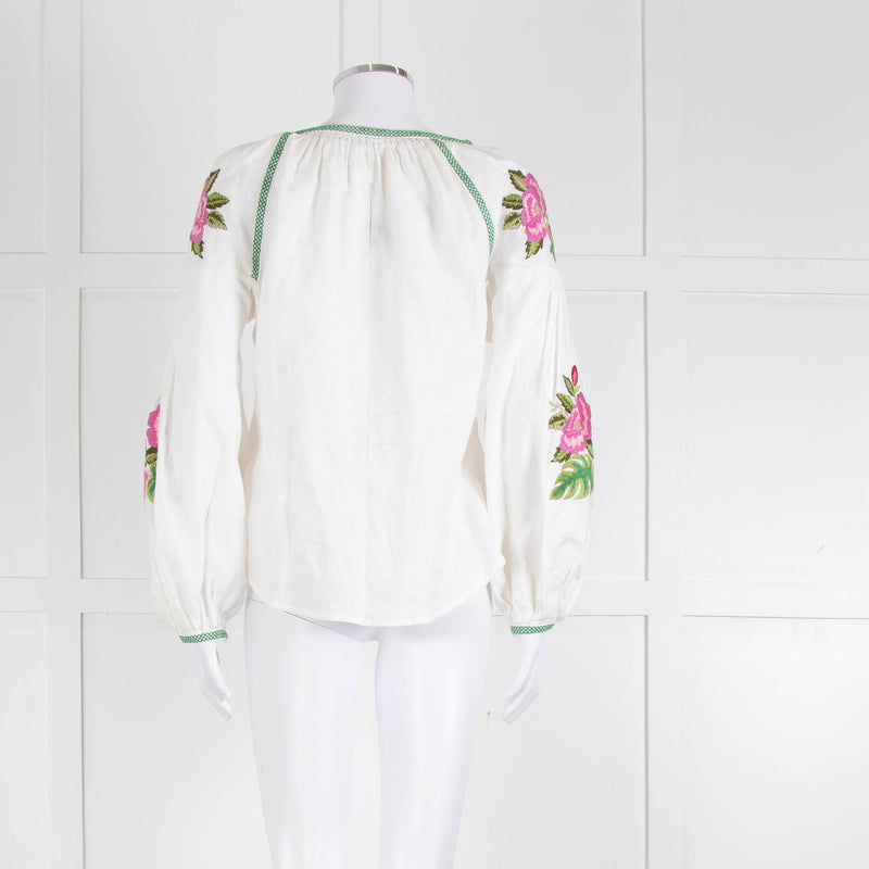 Soto Saint Tropez Linen Peasant Blouse with Embroidered Flowers