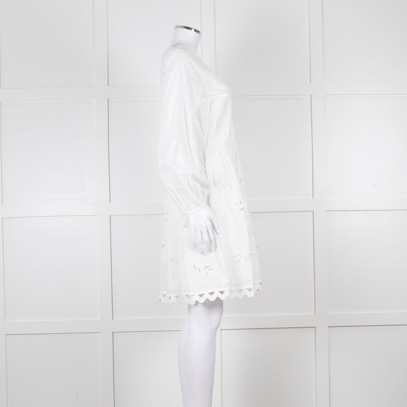 Claudie Pierlot White Lace Broderie Long Sleeve Mini Dress