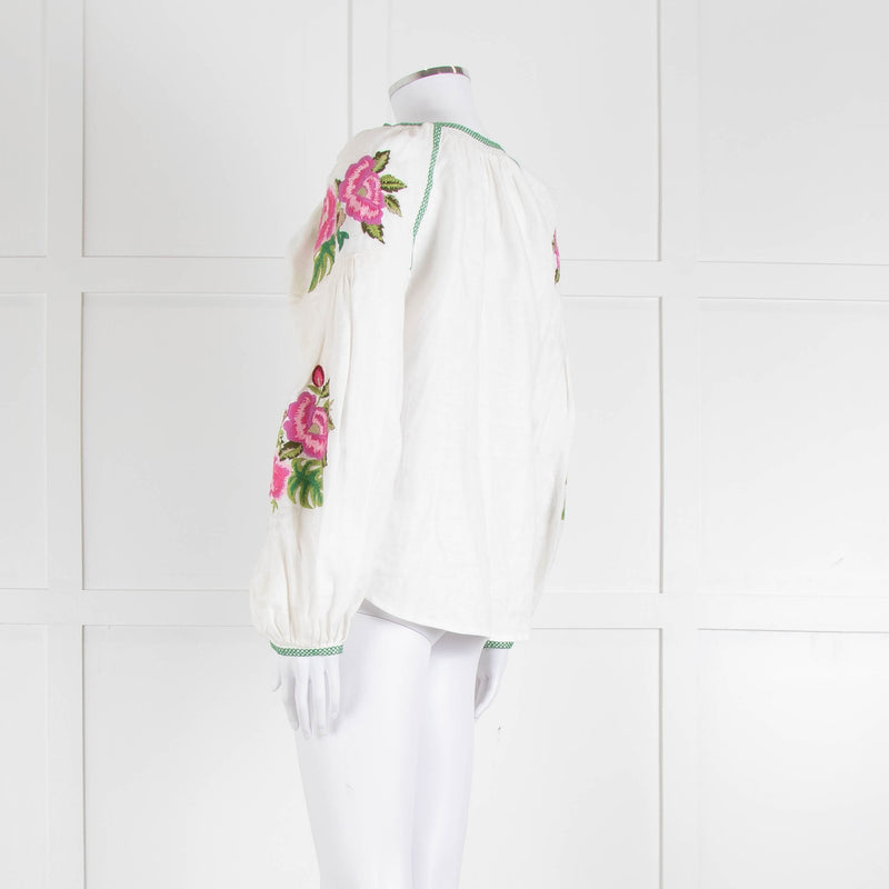 Soto Saint Tropez Linen Peasant Blouse with Embroidered Flowers