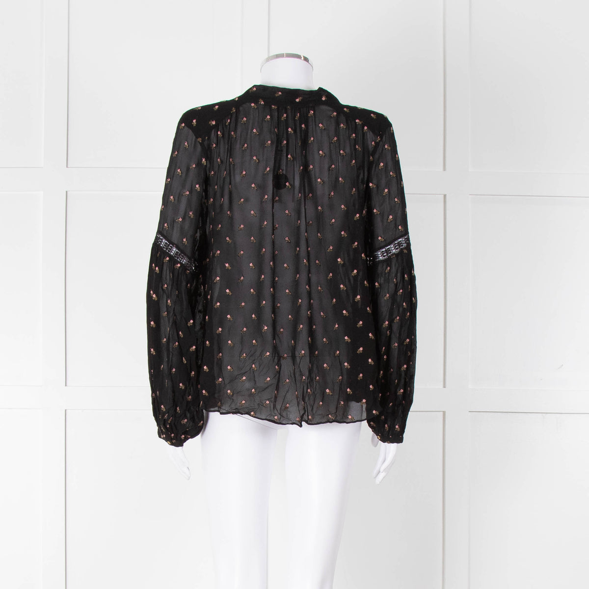 Ulla Johnson Black Small Pink Khaki Flower Print Tie Neck Blouse