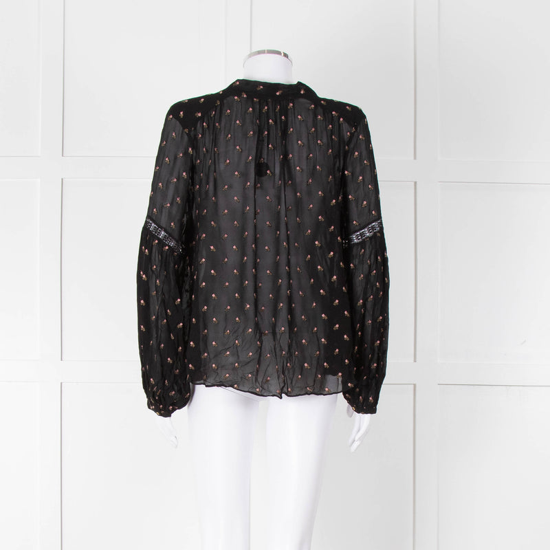 Ulla Johnson Black Small Pink Khaki Flower Print Tie Neck Blouse