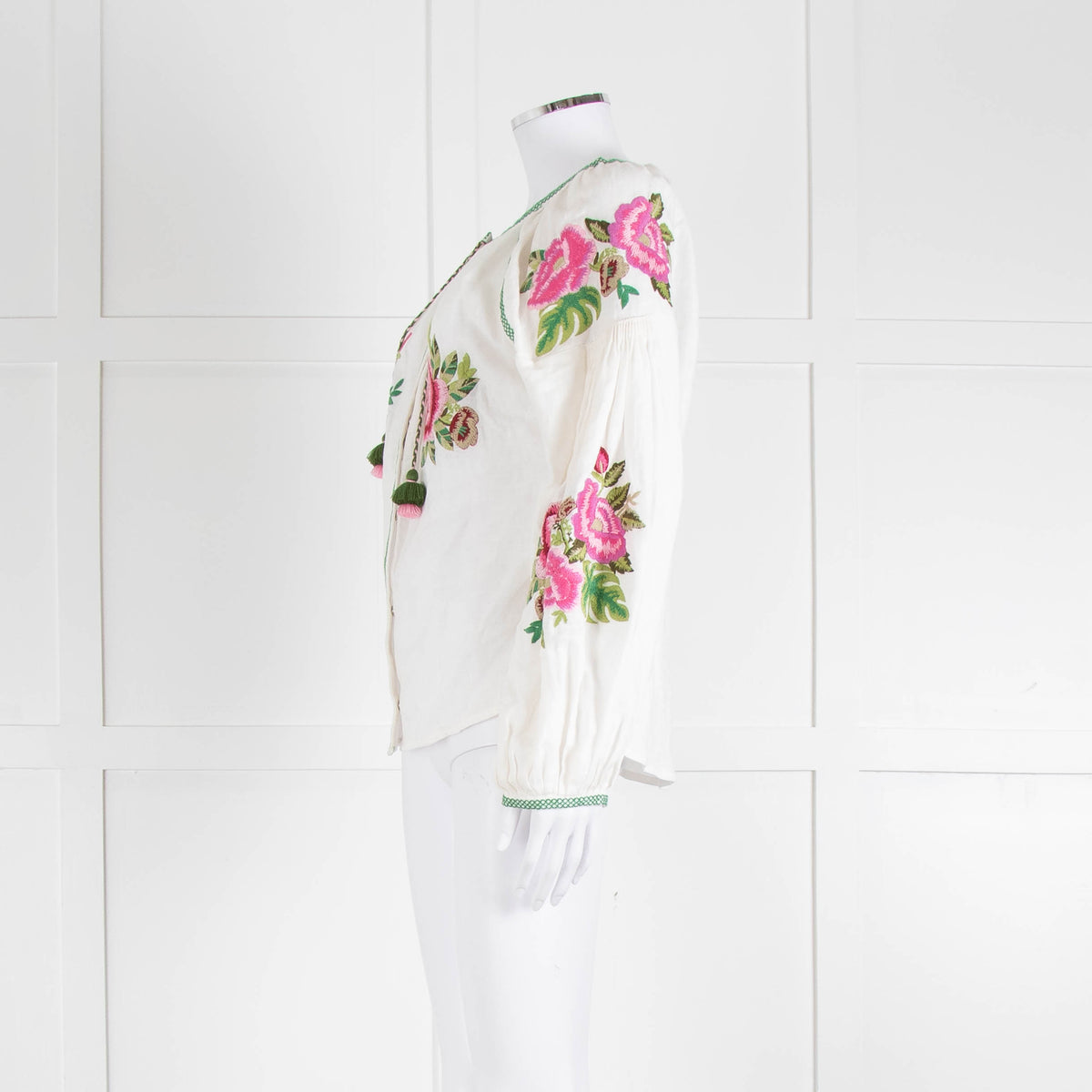 Soto Saint Tropez Linen Peasant Blouse with Embroidered Flowers