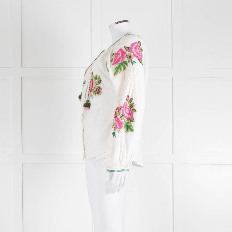 Soto Saint Tropez Linen Peasant Blouse with Embroidered Flowers