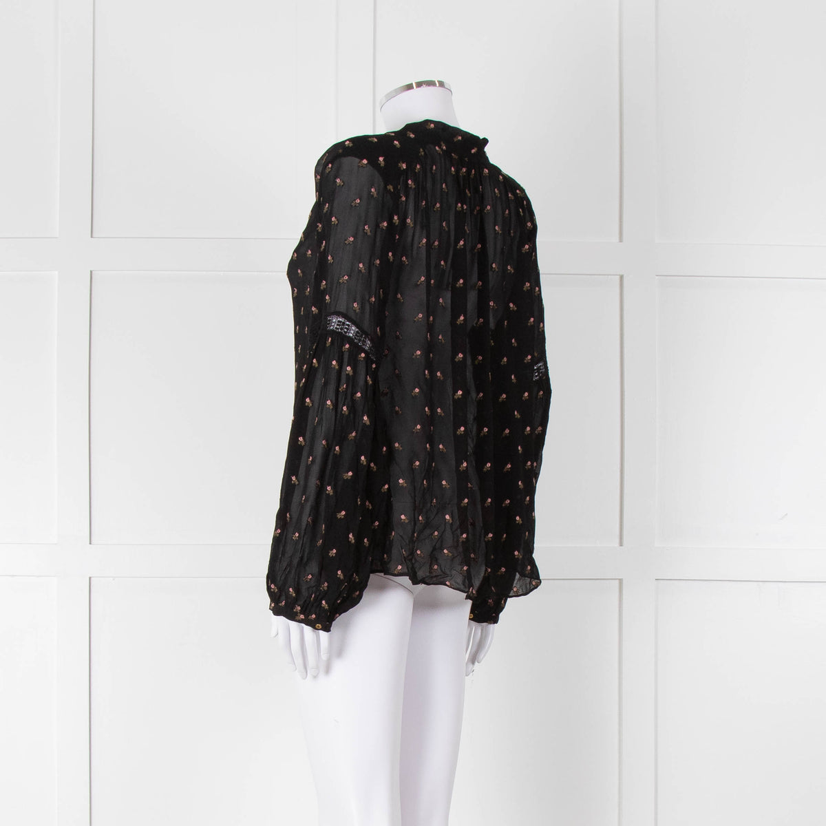 Ulla Johnson Black Small Pink Khaki Flower Print Tie Neck Blouse