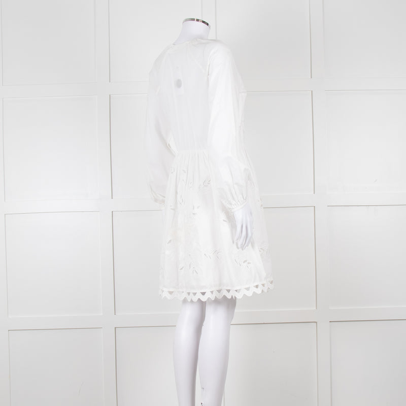 Claudie Pierlot White Lace Broderie Long Sleeve Mini Dress