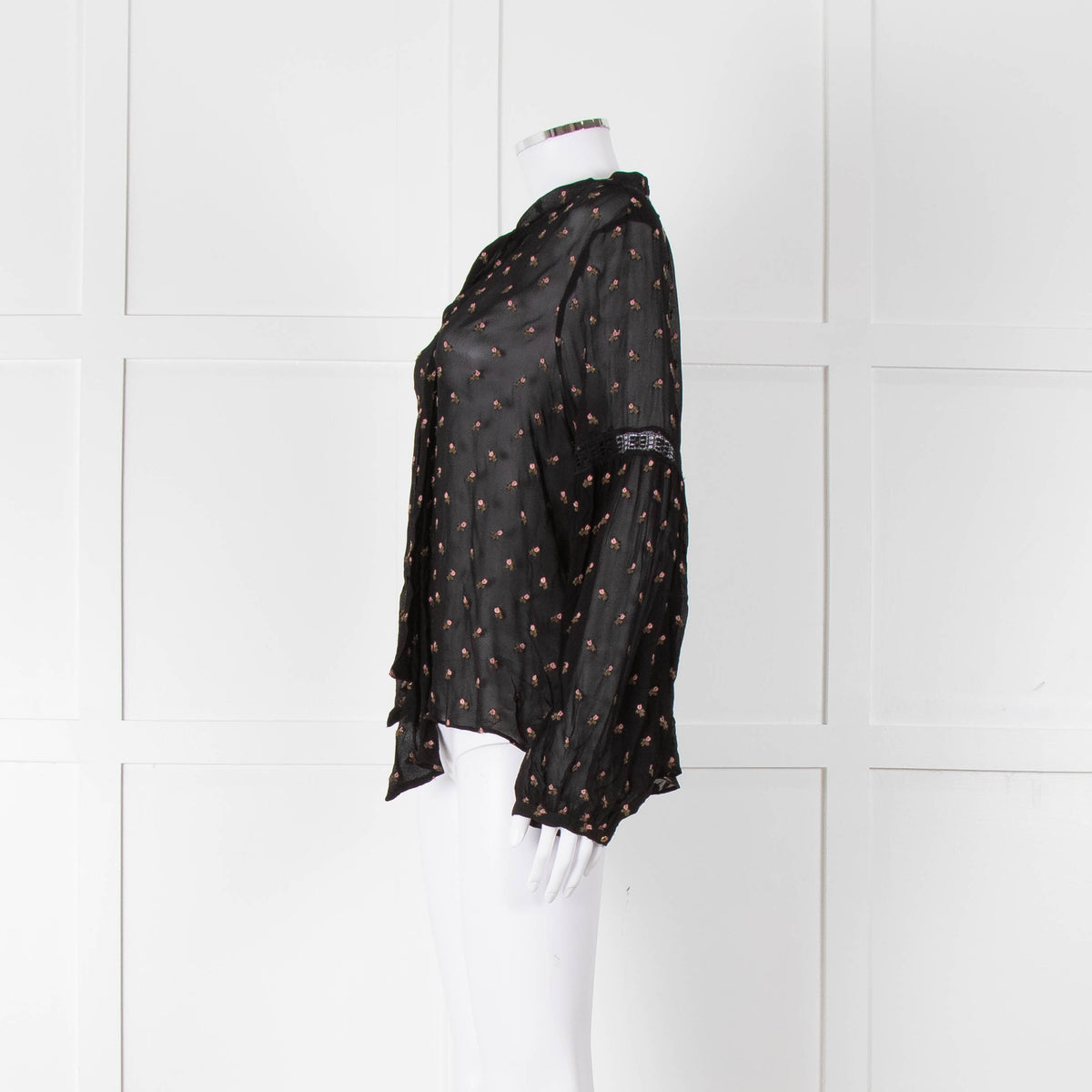 Ulla Johnson Black Small Pink Khaki Flower Print Tie Neck Blouse