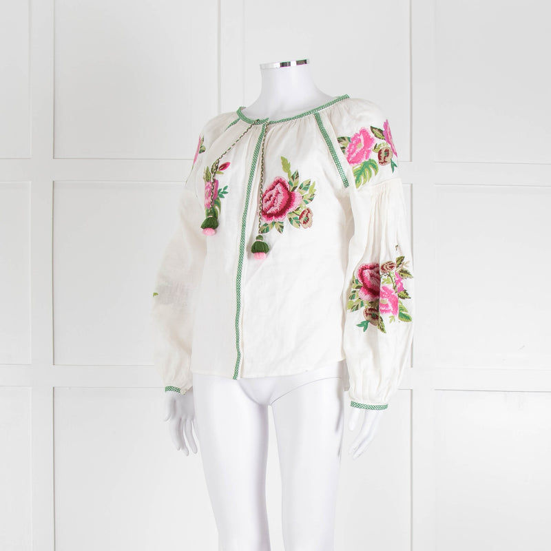 Soto Saint Tropez Linen Peasant Blouse with Embroidered Flowers