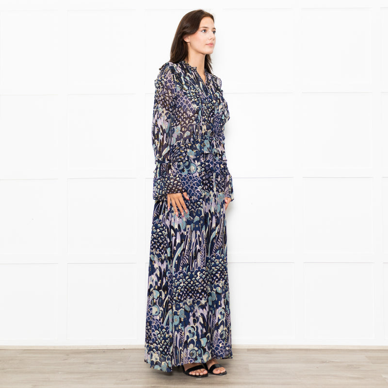Zadig & Voltaire Blue Black Cream Gold Lurex Floral Print Maxi Dress
