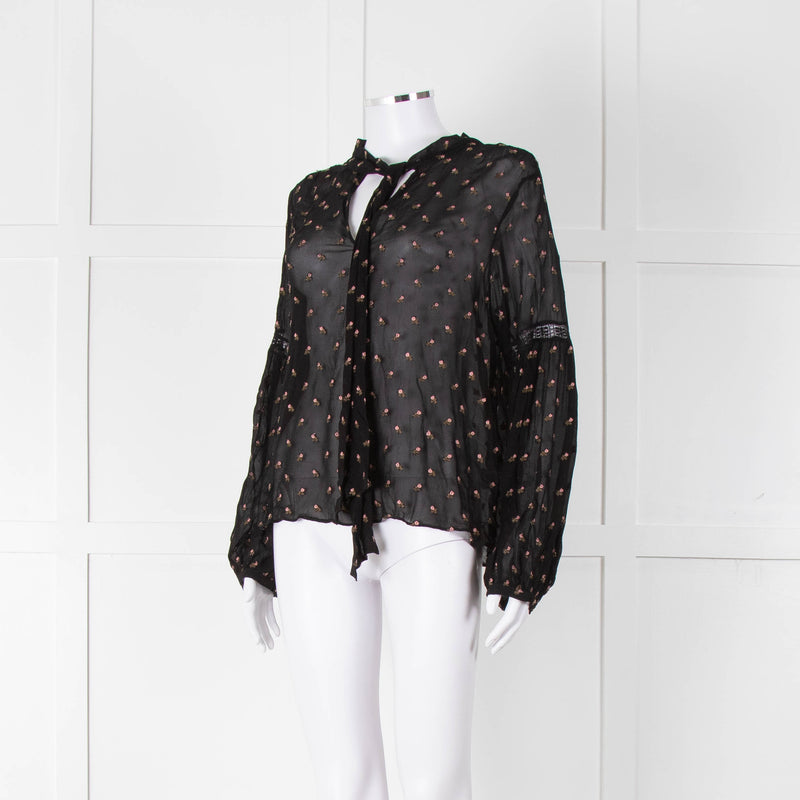 Ulla Johnson Black Small Pink Khaki Flower Print Tie Neck Blouse