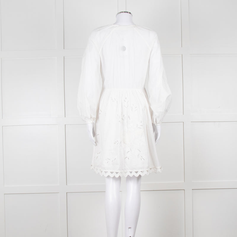 Claudie Pierlot White Lace Broderie Long Sleeve Mini Dress