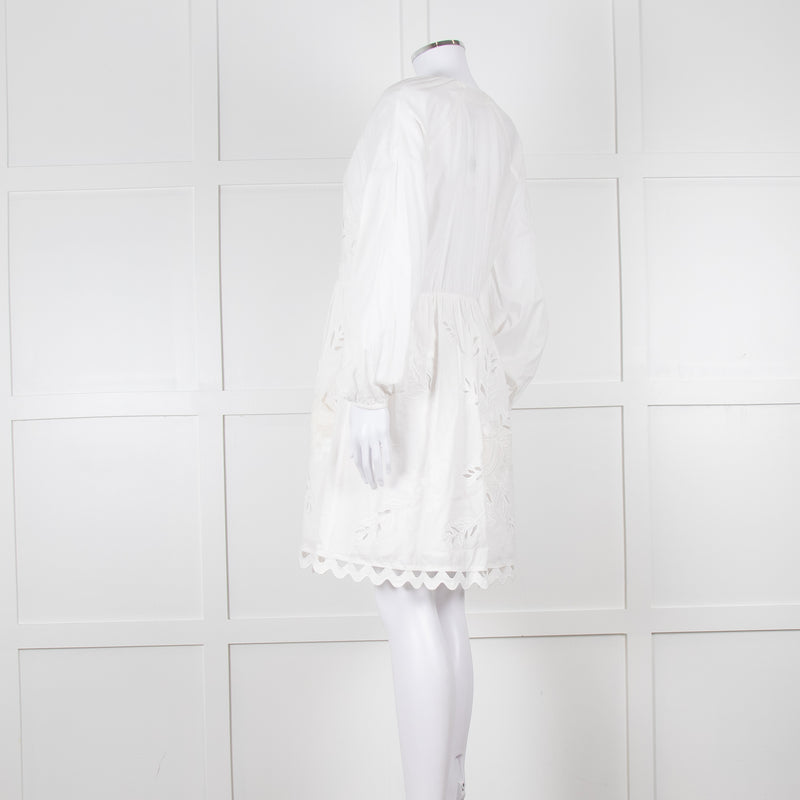 Claudie Pierlot White Lace Broderie Long Sleeve Mini Dress
