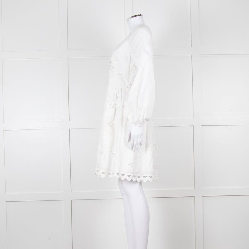 Claudie Pierlot White Lace Broderie Long Sleeve Mini Dress