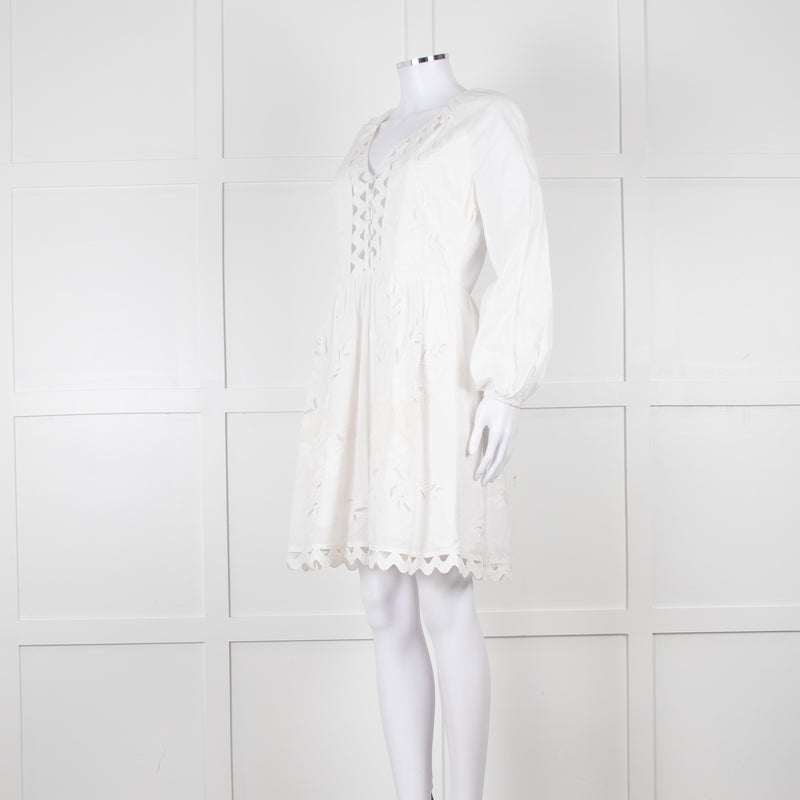 Claudie Pierlot White Lace Broderie Long Sleeve Mini Dress