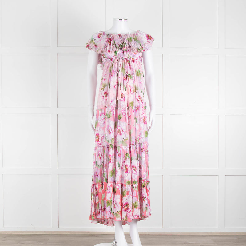 Miss June Pink Floral Frilled Off Shoulder Maxi Dress