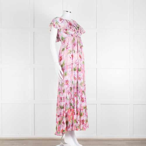 Miss June Pink Floral Frilled Off Shoulder Maxi Dress
