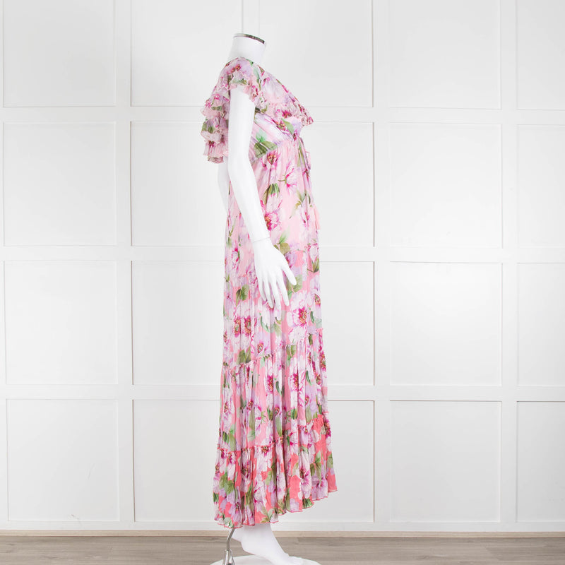 Miss June Pink Floral Frilled Off Shoulder Maxi Dress