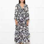 Needle & Thread Black Cream Green Floral Frill Detail Maxi Dress